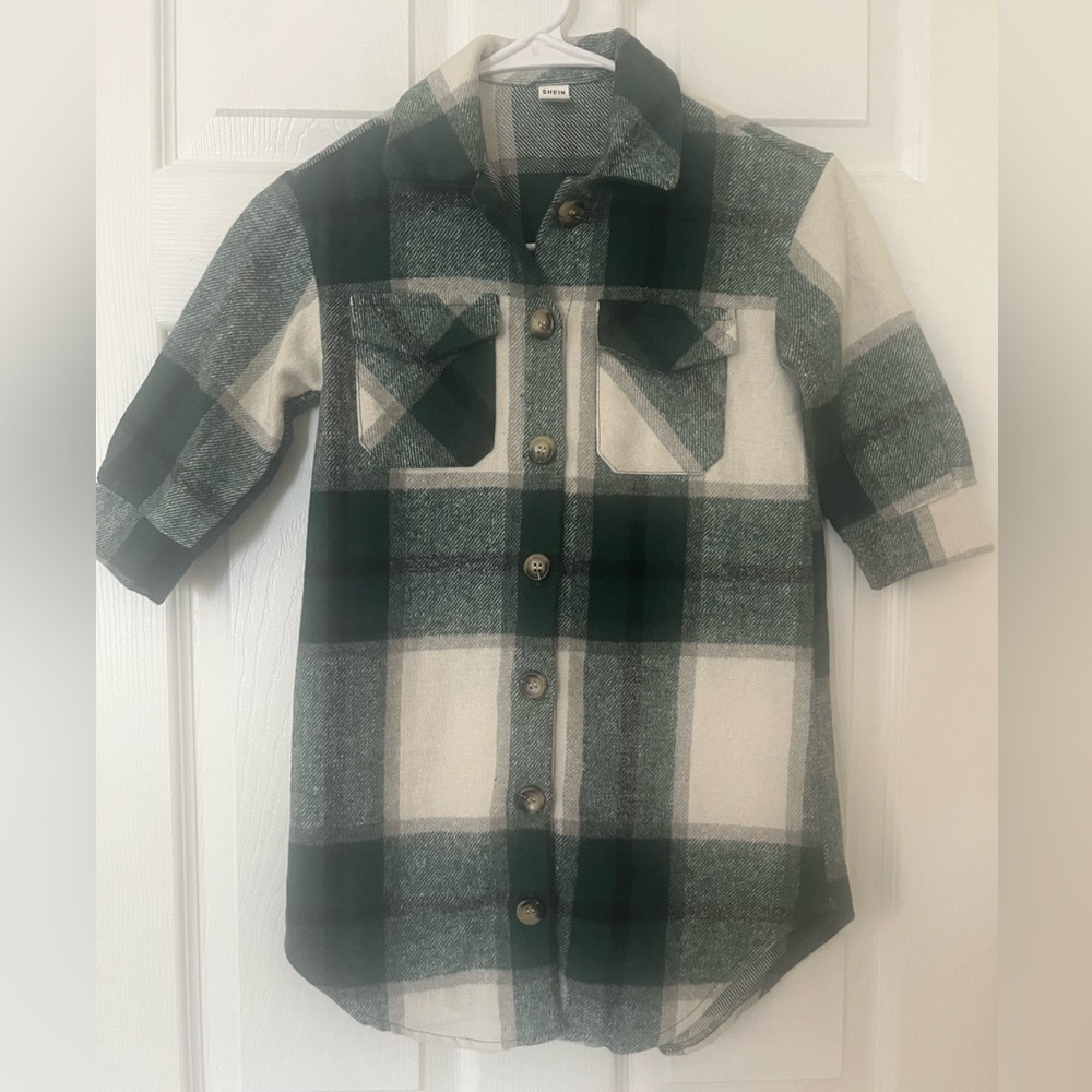 Kids Girls size 4 long green buffalo plaid‎ shirt jacket